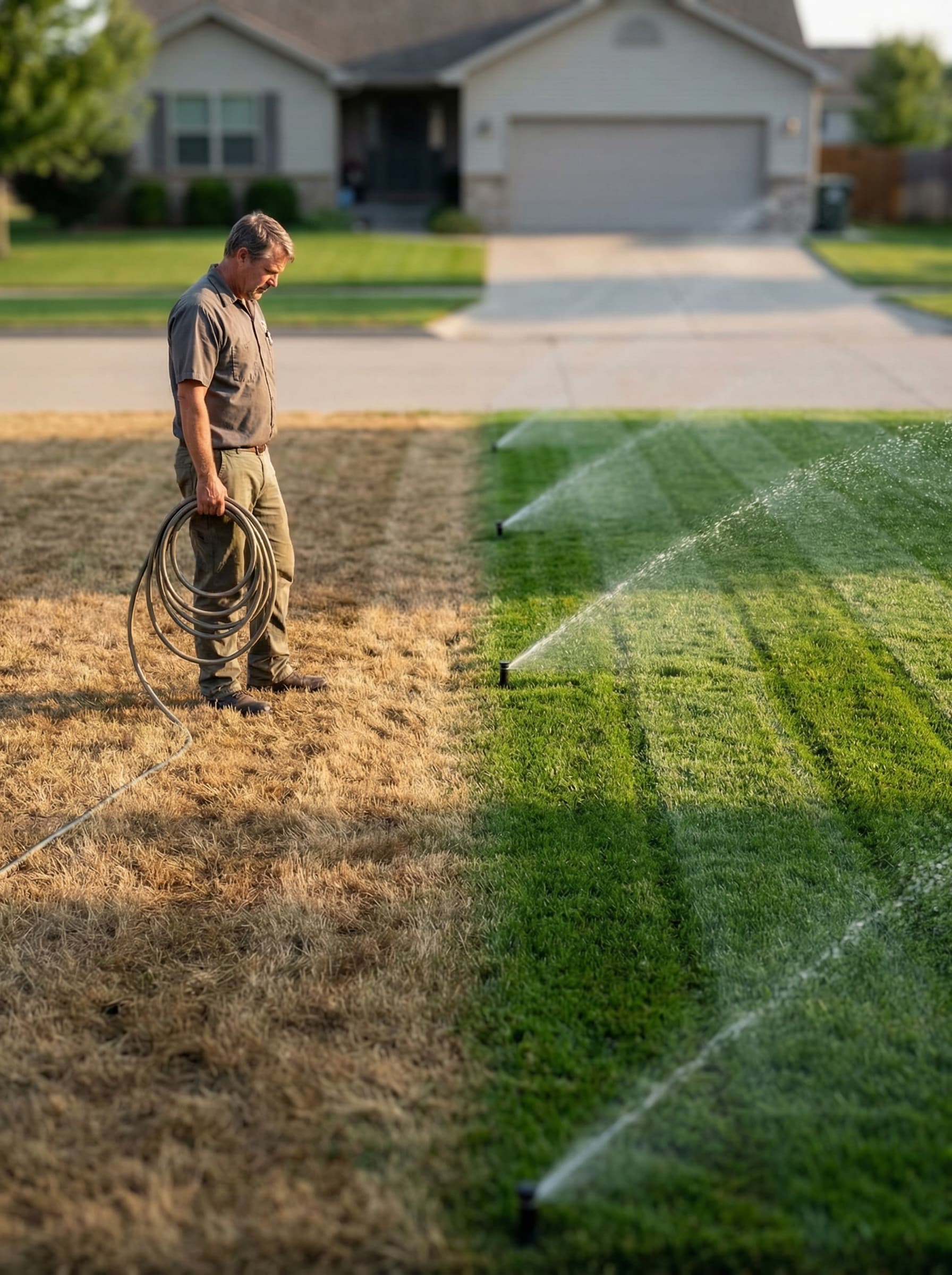 Homeowner with a garden hose on a dead lawn next to a lush green lawn with professional sprinklers