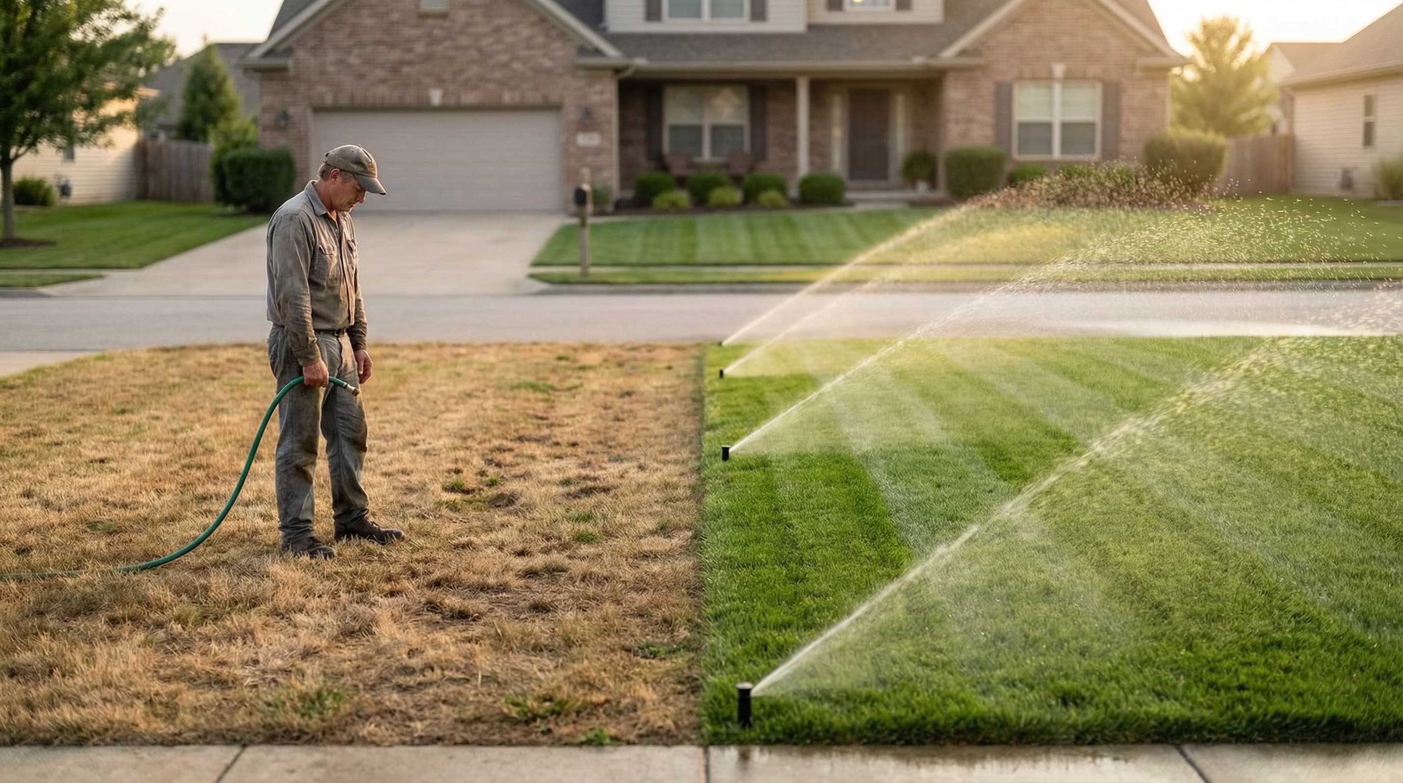 Homeowner with a garden hose on a dead lawn next to a lush green lawn with professional sprinklers